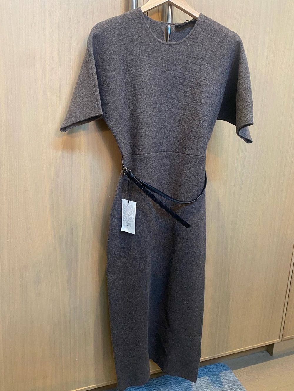 New Zara Chocolate Brown Knit Midi Dress with Belt